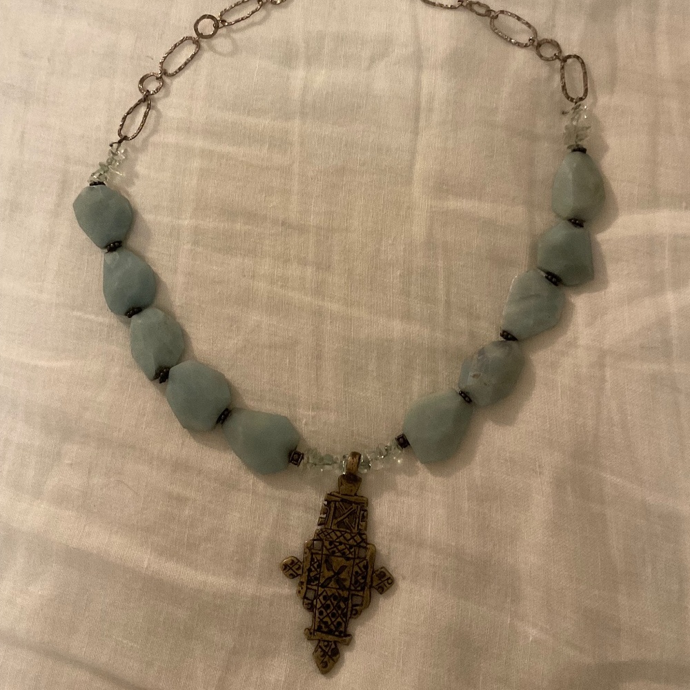 Coptic cross sterling silver polished natural stone necklace vintage